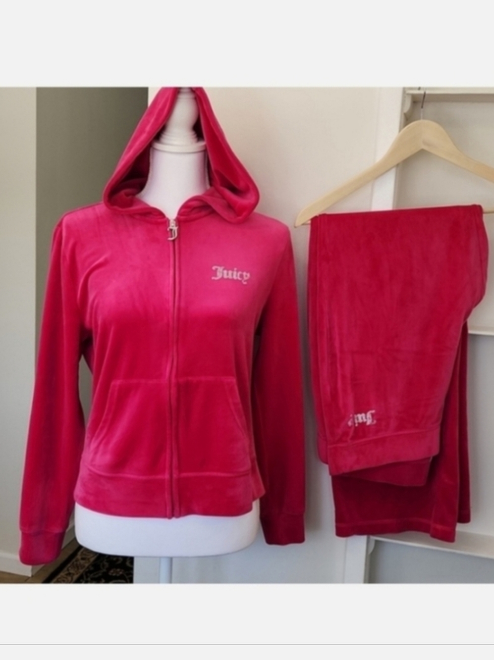 Juicy Couture Pink Velour Tracksuit Rhinestone Logo Loungewear Top M Pants L